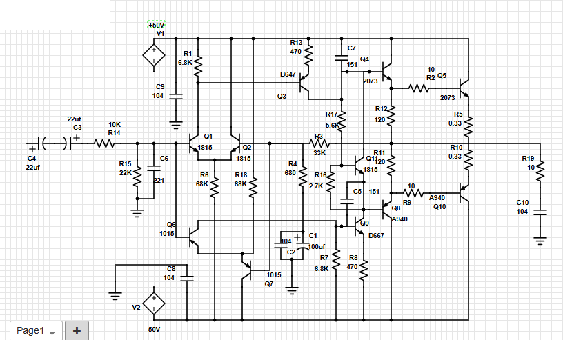 Class-AB 2SC5200/2SA1943 100W Amplifier schematic